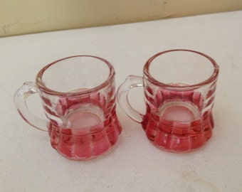 Vintage pair of  Red and Clear Glass Mugs for  Shots or Sherry- 2 1/2" tall
