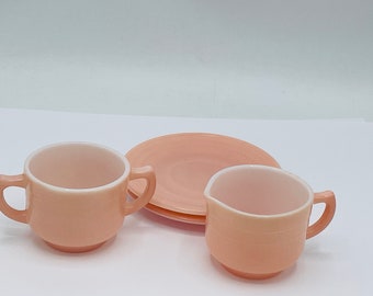 Vintage 4 PC  Hazel Atlas Moderntone Platonite Pastel Pink Child's Sugar Bowl, Creamer and Plates