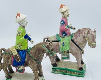 RARE Antique Pair of Glazed Bisquit - Rose-Verte  Equestrian Chinese Export 1800's
