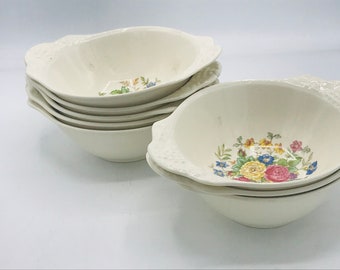 Vintage set of 8 Nautilus Eggshell Theme Design Handled Soup Bowls  - Raised Floral Design USA