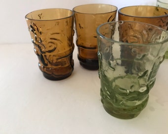 Vintage Amber Green Glass  Shot Glasses Featuring Kokopelli Drunk seeing stars- 2 1/2" tall