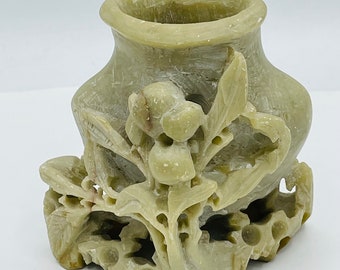 Wonderful Antique Asian  soapstone Ink Brush Pot Bud Vase Floral Carvings- 3.5" X 3.5"  Marked CHINA