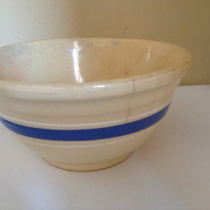 Vintage Watt Yellow Ware Mixing bowl, marked oven ware USA Blue and White Band Border image 2