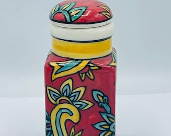 Ceramic Hand Painted Wish Jar With Lid Red  Yellow 5" x 2.5" x 2.5"