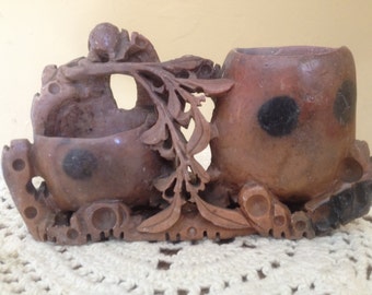 Wonderful Antique Asian soapstone Double Brush Pots Bud Vase Carving