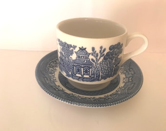 Vintage Blue Willow Tea Cup and Saucer  Marked England- Churchil- Great condition