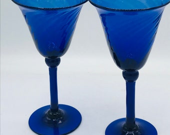 Vintage (2) Cobalt  Blue Color Hand Blown Swirl Design  Wine Glasses