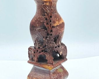 Wonderful Antique Asian  soapstone Ink Brush Pot Bud Vase Floral Carvings- 5" X 2.5" X 1.5"