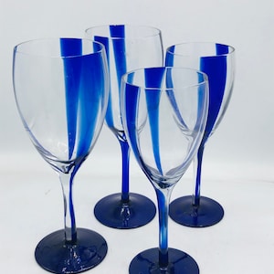 Unique set of four (4) Art Glass  Blue and Clear Glass  Wine Glasses- Studio Art- Blown Glass