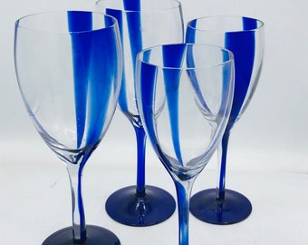 Unique set of four (4) Art Glass  Blue and Clear Glass  Wine Glasses- Studio Art- Blown Glass