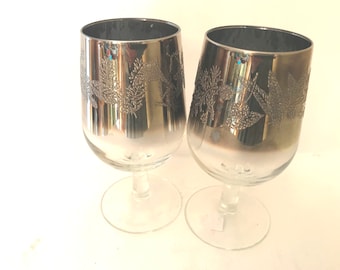 Vintage (2) Luminarc Silver Fade Wine Glasses Ombre Wine Glasses, France- Leaf design