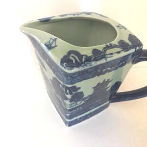 Vintage Flow Blue and White Transferware Pitcher Square Unusual image 4