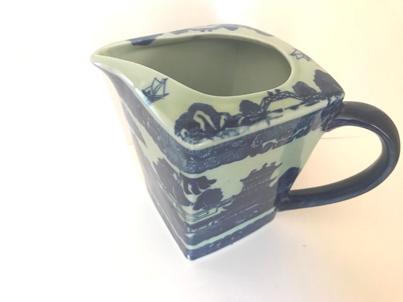 Vintage Flow Blue and White Transferware Pitcher Square Unusual image 4