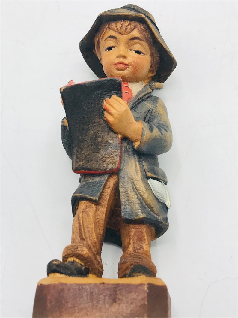 Vintage hand carved and hand painted Carving Little Boy Holding Book, Jobin Brienz Switzerland. figurine image 1