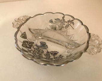 Vintage Silver Overlay  Relish Divided Dish- Floral- "Flanders" Silver City Glass=1950s