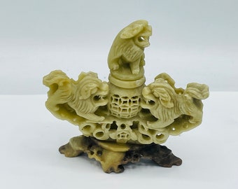 Wonderful Antique Asian soapstone Foo Dog Stopper  Incense burner Carvings 4.25"