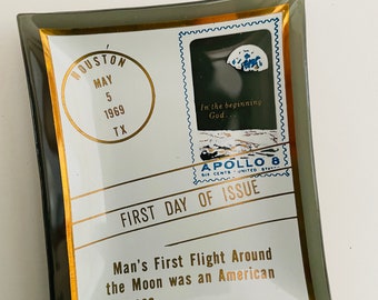 First Man on the Moon First Day Of Issue Bent Glass Tray Ashtray