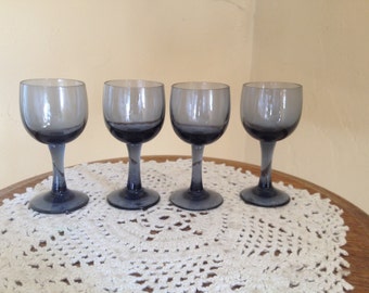 Wonderful vintage set of (4) Smokey Blue  Glass Pedestal Cordial or Shot Glasses- 3 1/2"