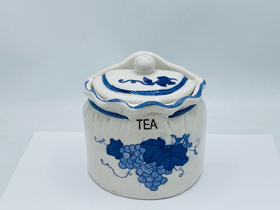 Vintage Tea Container Hanging Wall Pocket Canister Blue White Etsy