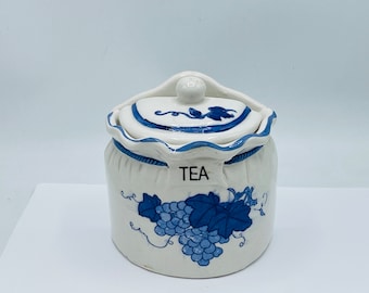 Vintage Tea Container Hanging Wall Pocket Canister Blue White Ceramic Grape Hand Painted Design