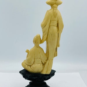 NORLEANS 10 Carved Resin Figurine Asian Woman Boy Playing Sitar Ivory-Look Wood Stand Nice Condition image 2