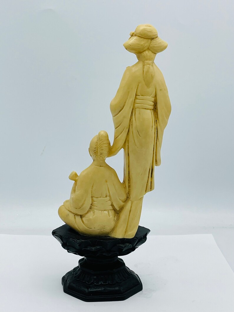 NORLEANS 10 Carved Resin Figurine Asian Woman Boy Playing Sitar Ivory-Look Wood Stand Nice Condition image 2