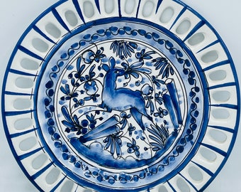 Vintage Hand Painted Blue and White  Fabrica Sant'Anna Decorative Plate 9" Leaping Deer- Portugal