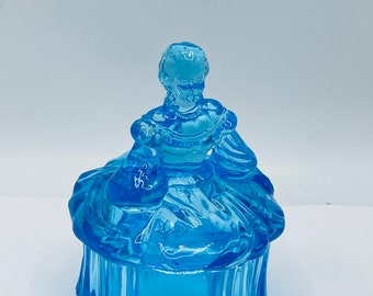 Westmoreland Colonial Lady Covered Dresser Powder Trinket Dish Blue glass