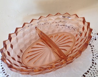 Vintage Jeanette Glass Cubist Divided Appetizer Bowl Dish- Pink Glass- Depression Glass Nice Condition