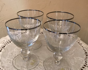 VIntage Set of Four Silver Trimmed Cocktail Cordial Glasses Etched Design-Nice condition