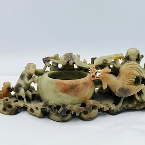 Wonderful Antique Asian  soapstone Ink Brush Pot Bud Vase Monkey and Rooster Floral Carvings- 8.5" X 2.5"