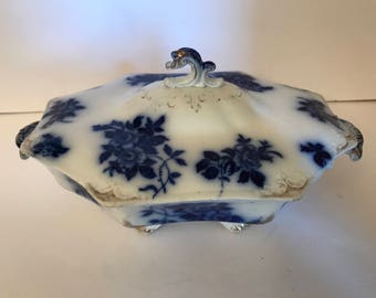 Rare Antique William H. Grindley “Le Pavot” Pattern Oval Flow Blue Covered Vegetable Dish, Embossed