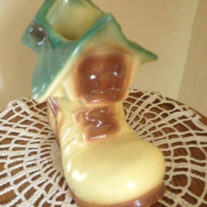 Vintage "Old Women In A Shoe" Planter or Vase Yellow, Brown Trim and  Green Roof- 6.25" Tall