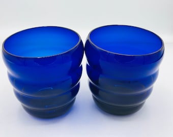 Vintage Pair of (2)  Cobalt Blue Beehive Ring Rocks Vases or  glasses- Chip Free