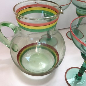 Rare Set 6 Handmade Blown Margarita Set Ball Pitcher 5 Drinking Glass striped Hand Painted Rim circa 1950's image 5