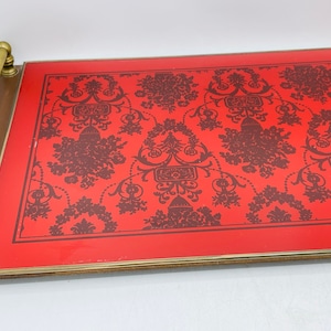 Vintage Glass Brass Handled Dresser Table Tray Red and Black Nordstroms 10 3/4 X 9.5 Asian Style image 1