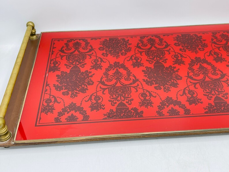 Vintage Glass Brass Handled Dresser Table Tray Red and Black Nordstroms 10 3/4 X 9.5 Asian Style image 1