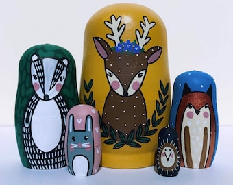 Woodland nesting dolls, nursery decor, stag badger fox bunny hedgehog matryoshka, personalised decor