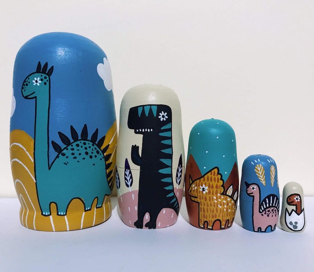 Pastel Dino Nesting Dolls, Dinosaur Russian Dolls, Nursery Decor