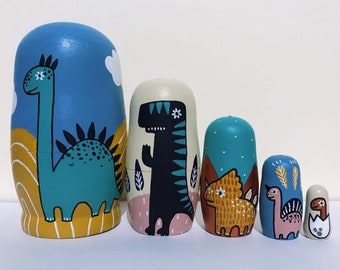 Pastel dino nesting dolls, dinosaur Russian dolls, nursery decor matryoshka