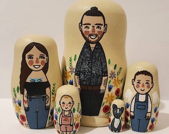 Family of 5 - FLORAL CLUSTER BACKGROUND. Personalised nesting dolls, family portrait, Russian dolls, matryoshka dolls