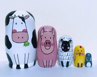 Farm animal nesting dolls, farmyard matryoshka, animal russian dolls