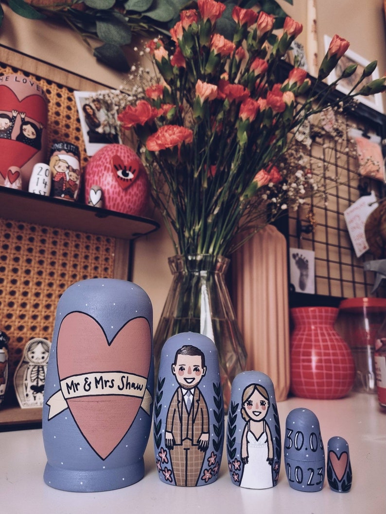 Bride and groom Russian dolls, groom and groom dolls, bride and bride dolls, customised matryoshka wedding gift, personalised nesting dolls. image 2