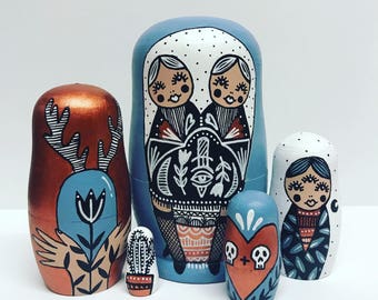 Wooden Nesting dolls, russian dolls in dolls, unique home decor, matryoshka babushka dolls