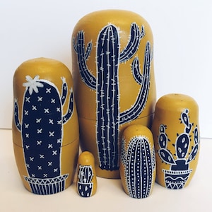 Mustard and charcoal grey cactus nesting dolls, Russian dolls in dolls, matryoshka cacti illustration dolls