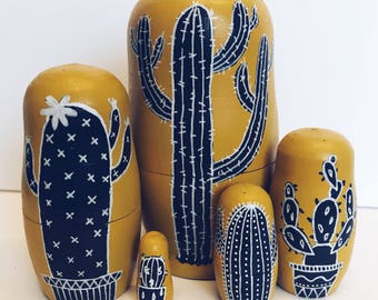 Mustard and charcoal grey cactus nesting dolls, Russian dolls in dolls, matryoshka cacti illustration dolls