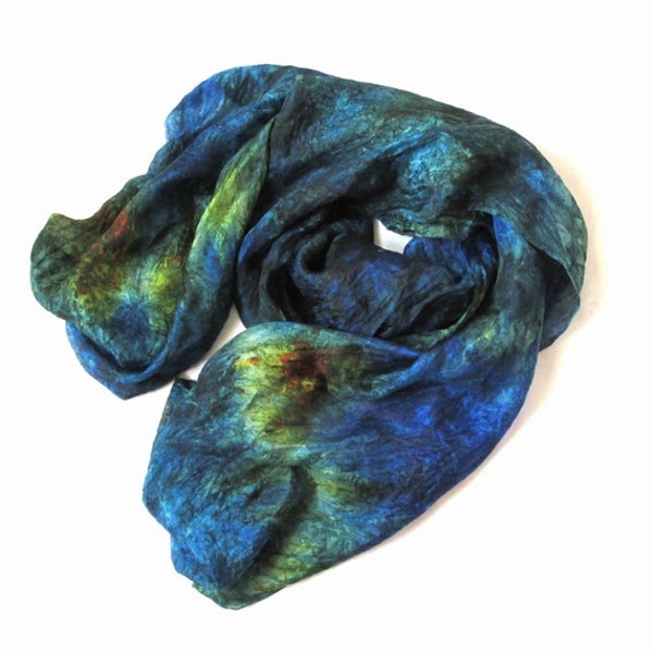 OOAK Silk scarf ruffled Hand Dyed Dark-blue Ocher Yellow Green New design