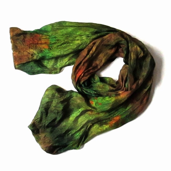 OOAK Silk Scarf  Hand Dyed Mystery Forest Green Yellow Brown Burnt-sienna Ocher Winter Women Fashion Accessories Christmas Gifts For Her