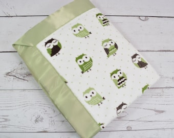 Minky Baby Blanket... Green Minky Blanket... Owl Print Minky Blanket... Satin Trim Blanket... Crib Blanket