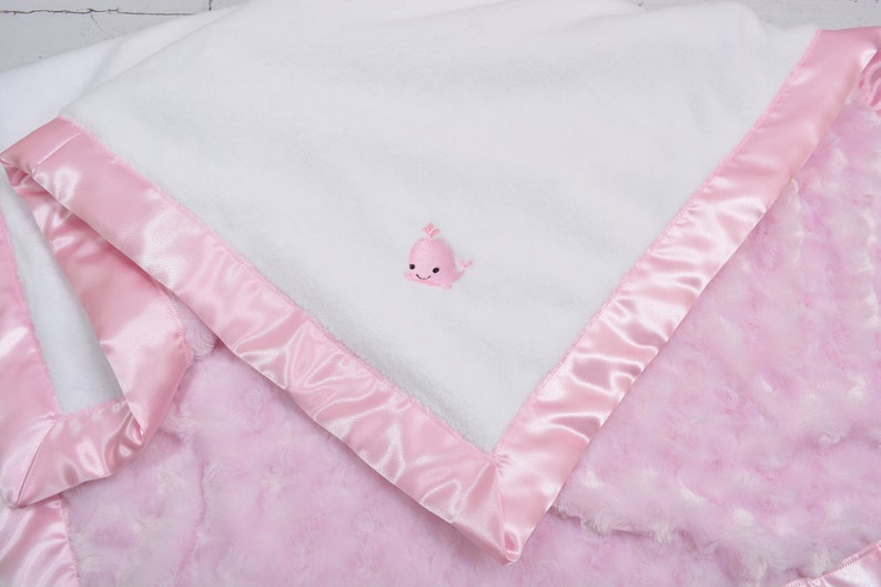 Girl Baby Blanket Crib Baby Blanket.. Satin Trim Minky Blanket.. Whale Baby Blanket.. Pink Minky Baby Blanket..
